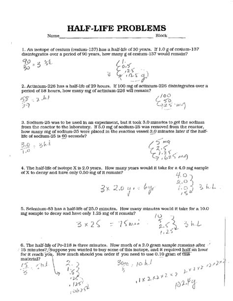 half-life calculations worksheet answers physical science if8767